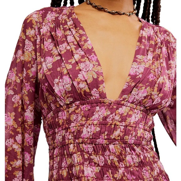 Free People Keep You Floral Print V-Neck Long Sleeve Mini Dress, size M - Picture 4 of 4